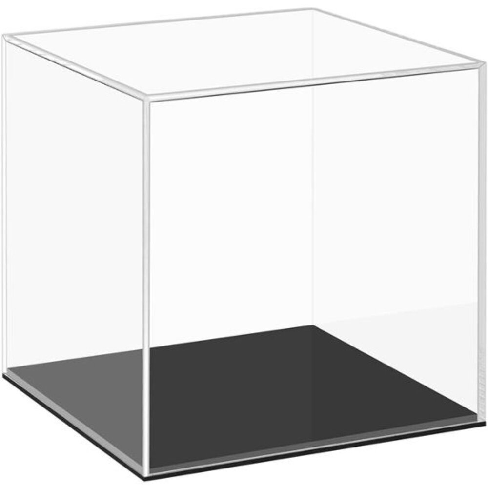 Fully Acrylic Display Case with Black Base 4x4x4 in, Clear Square Acrylic Box
